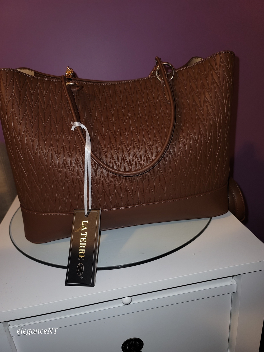 La Terre PETA-Approved Vegan Brown Quilted Tote Bag NWT - Picture 2 of 16
